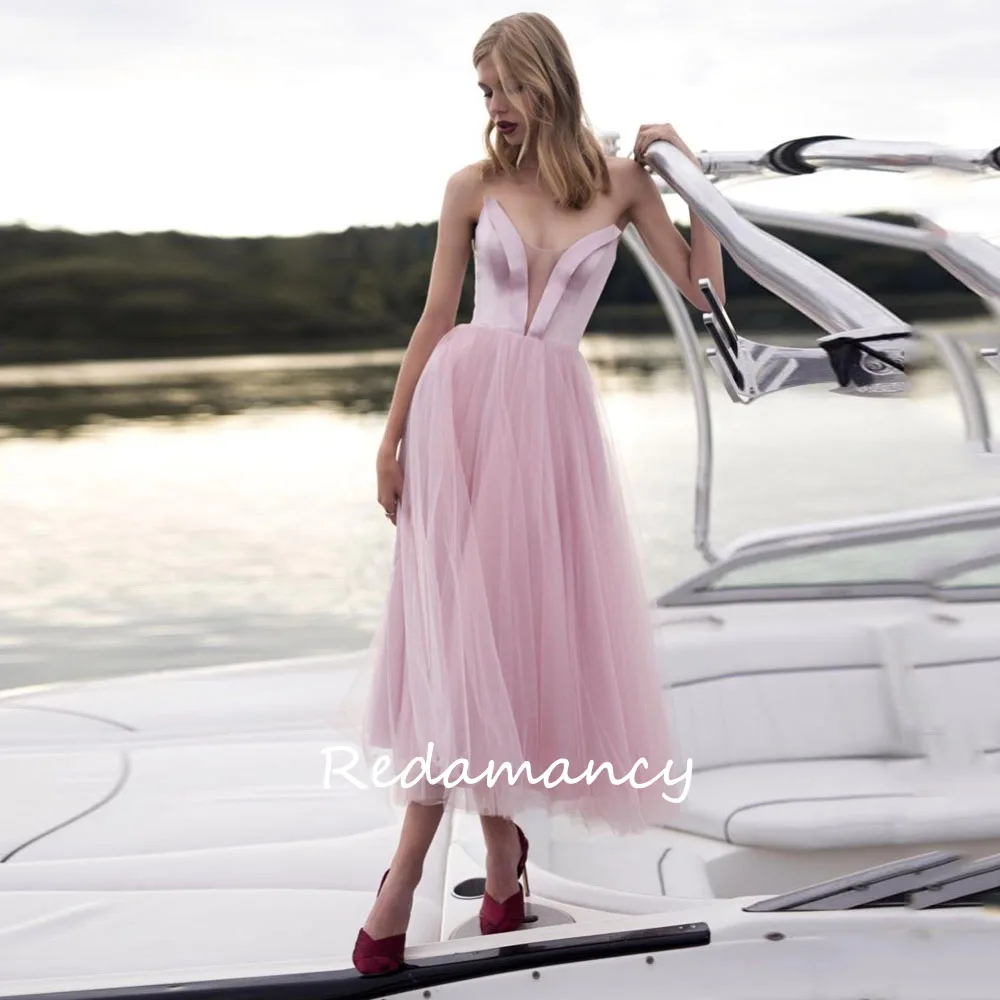 

Redamancy Customized Simple Pink Sleeveless Deep V-Neck A-Line Tulle Wedding Dress Pleated Backless Zipper Up vestidos de novia