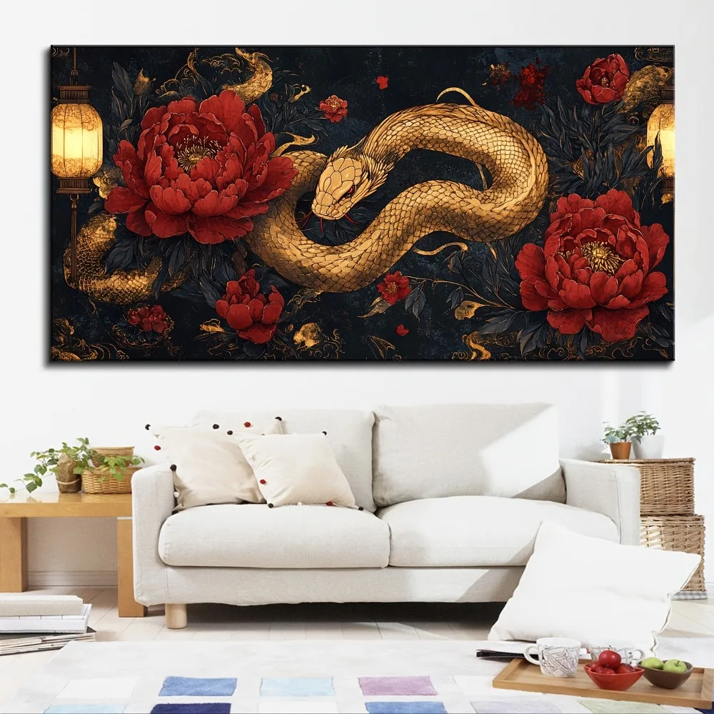 فن قماش فاخر على شكل زهرة التنين - إطار من خشب الصنوبر الصلب بسمك 1.5 بوصة، ديكور داخلي على الطراز العتيق