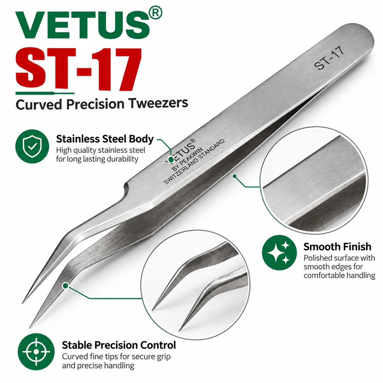 VETUS ST-17 Präzisionspinzette aus Edelstahl mit gebogener Spitze für die Reparatur von Leiterplatten, SMD-Bauteilen und Elektronik – Detail 2