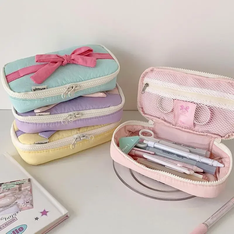 Candy Color Ballet Style Soft Pencil Case Girl Bowknot Stationery Storage Bag High-value Vertical Pencil Case