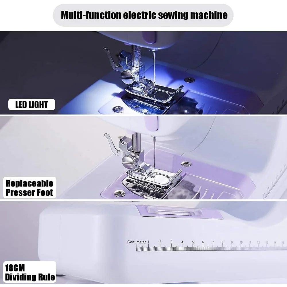 ماكينة خياطة كهربائية صغيرة محمولة للمبتدئين 12 غرز مدمجة سرعتين مع ضوء ودواسة القدم والتخزين