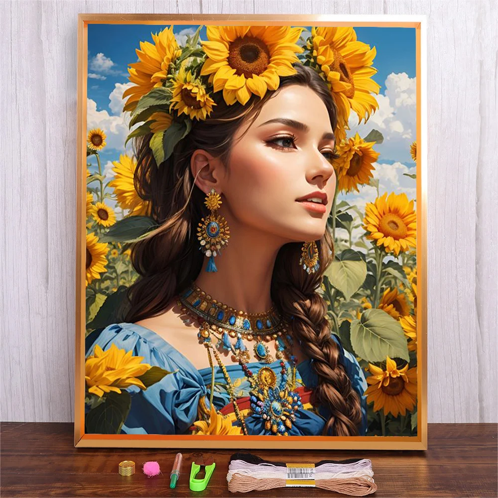 

Sunflower Girl Embroidery Printed Canvas Cross Stitch Kits Peace Women DIY Painting 11/14CT Needlework Home Decoration Wall