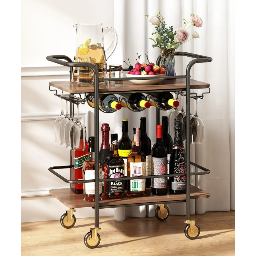 【2 Tier】 Bar Cart with Wheels, Serving Cart with Wheels , Outdoor Bar Cart for The Home with Wine Rack and Glass Holder