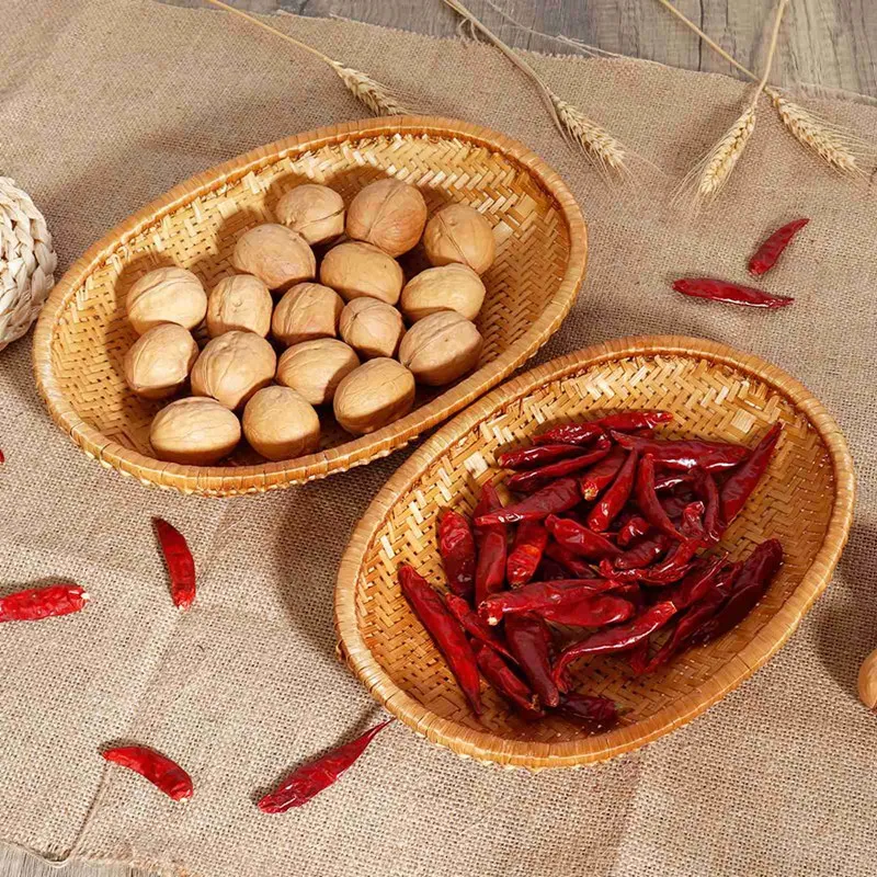 Oval Rattan Woven Storage Basket Bread Fruit Food Storage Tray Handmade Vegetable Display Rattan Basket Kitchen Storage