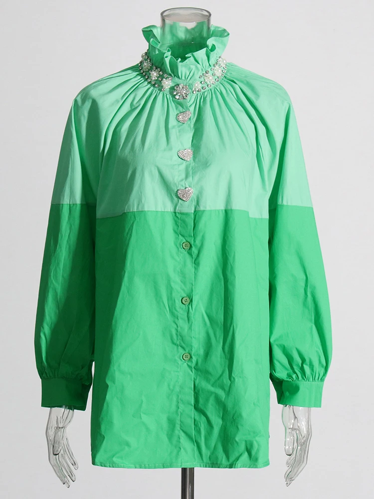 เสื้อเบลาส์ลำลองสำหรับผู้หญิงประดับคอตั้งเพชรปะต่อหลากสีเสื้อผู้หญิงทรงหลวมกระดุมแถวเดียว