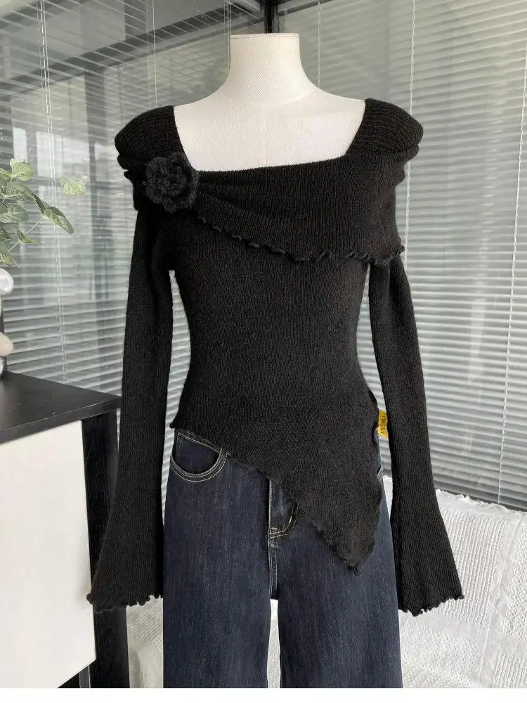 

Французский женский новый однотонный свитер с квадратным вырезом и длинными рукавами с цветочным декором, осень-зима, короткие тонкие асимметричные вязаные топы, повседневные