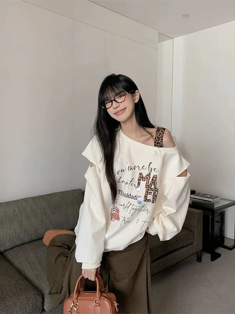 

Женский свитшот с леопардовым принтом и открытыми плечами, весенне-осенний дизайн, корейский стиль