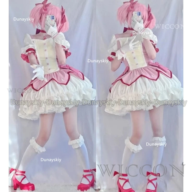 Puella Magi Madoka Magica Cosplay Costume Wig Petticoat Shoes Kaname Madoka Pink Short Ball Dress Halloween Party Uniform Outfit