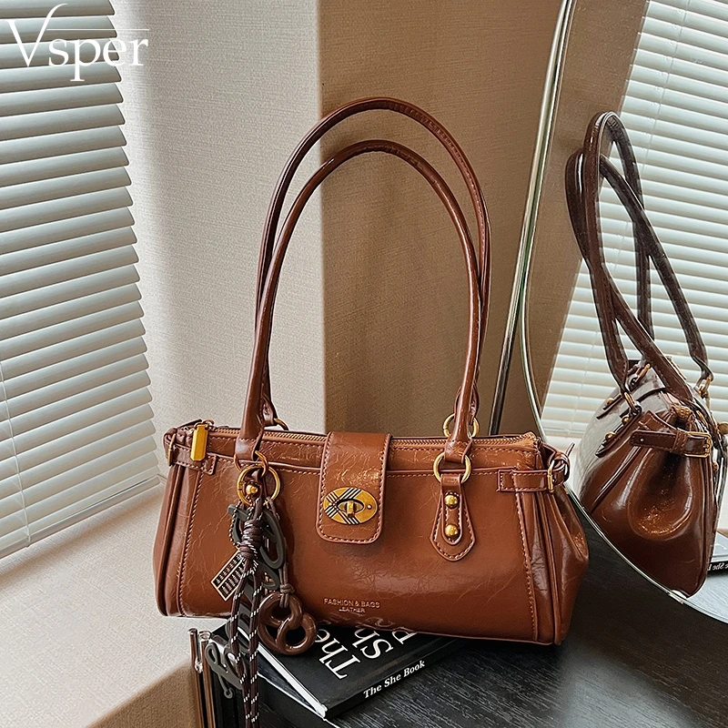 

Vsper Turn Lock Shoulder Satchels Bag For Women 2026 Latest Branded Handbags Luxury PU Leather Pure Color Handbags With Pendant