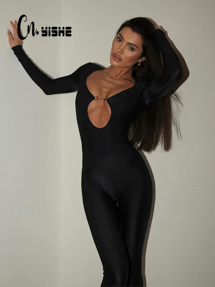 

CNYISHE Hollow Out Solid U Neck Long Sleeve Women Jumpsuits Sheath Fashion Casual Tompers Sexy Streetwear Female Regular Chic