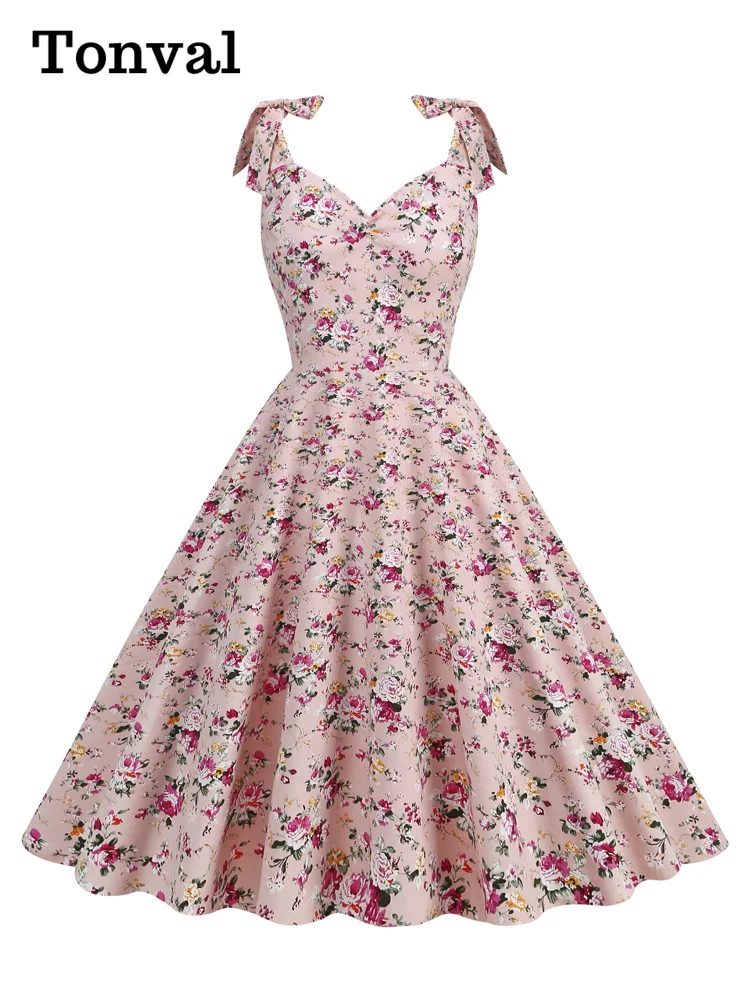 Tonval Knot Strap V-Neck Floral Cotton Women Vintage Dress Party Evening Elegant Luxury Celebrity Summer Ladies Dresses