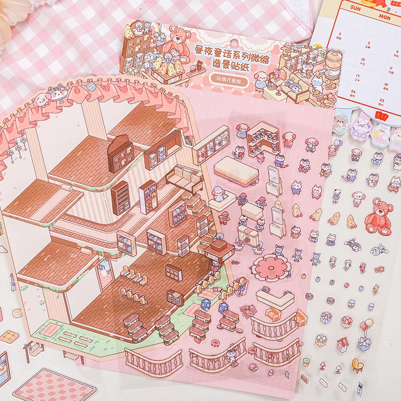 Card Lover 4 Pcs [Day And Night Fairy Tale Series] Miniature Landscaping Hand Booklet Large Size Stickers Puzzle Stickers PET