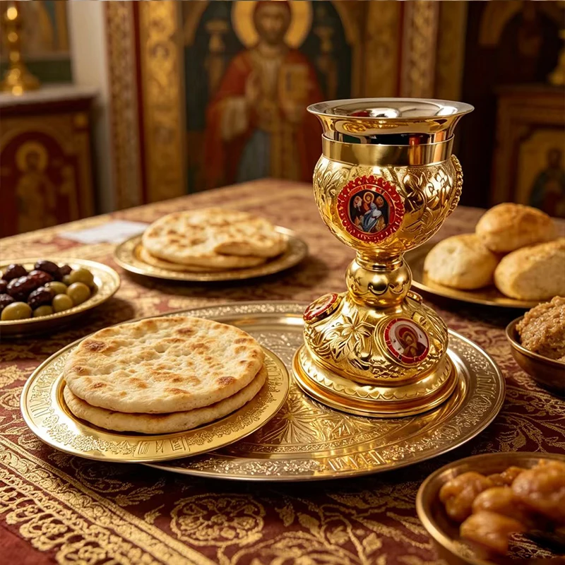 Neues 2026 geprägtes, vergoldetes Kommunionskelch- und Paten-Set für christlich-orthodoxe Altarliturgie und heilige Kommunion – Geschenk – Detail 2