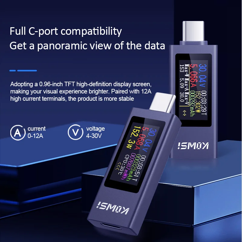 Type-C Multifunctioneel digitaal display DC-spanning Ampèremeter Power Meter DC 4-30V 12A Voltmeter Ampèremeter Oplader Capaciteitstester