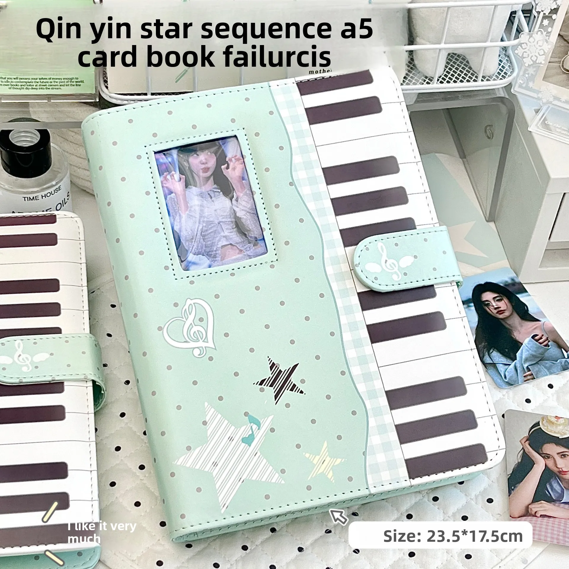 A5 Mint Green Piano Note Loose-Leaf Card Album Grid Pattern Polka Dot Star Magnetic Buckle Small Card Storage