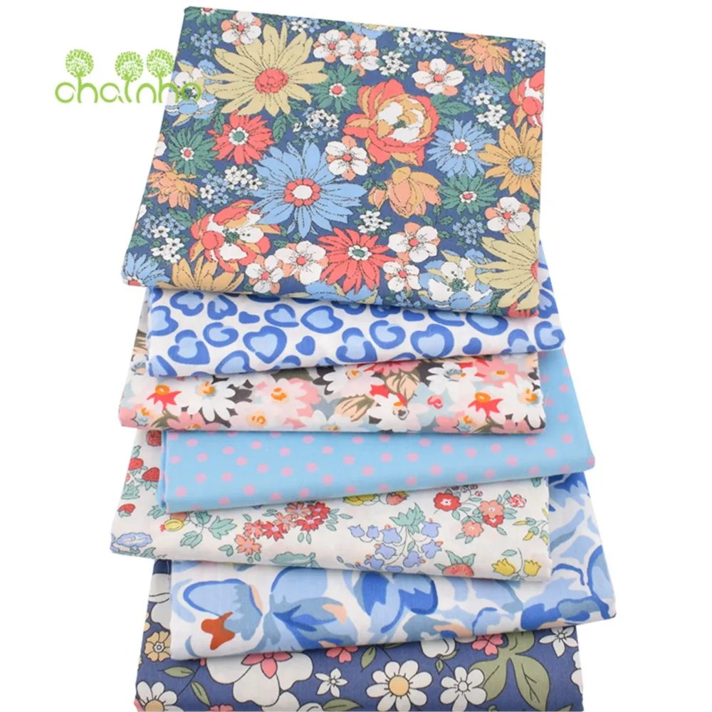 Chainho,Printed Twill Weave Cotton Fabric,Patchwork Cloth,DIY Sewing Quilting Material,Blue Floral Series,4 Specification,2C01