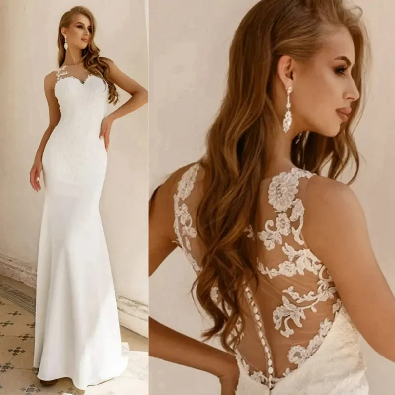 Abito da sposa semplice Country collo trasparente Sexy illusione sirena bottone coperto abito da sposa abito con perline in pizzo abito da sposa Mary