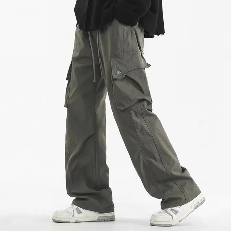 Overalls men's 2025 new loose straight wide-leg casual cargo pants American senior feeling ruffian handsome teen long pants