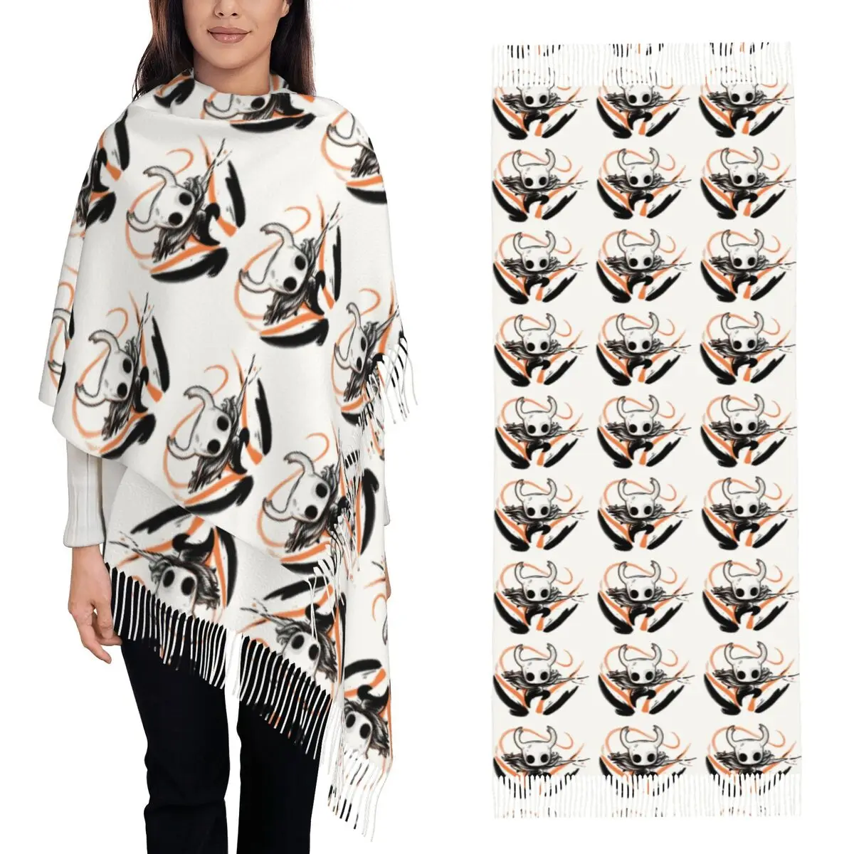 Hallownest Coffee Emblem Hollow Knight Silksong Scarf Tassel Scarves for Women Soft Warm Shawls and Long Fall Winter Shawl Wraps