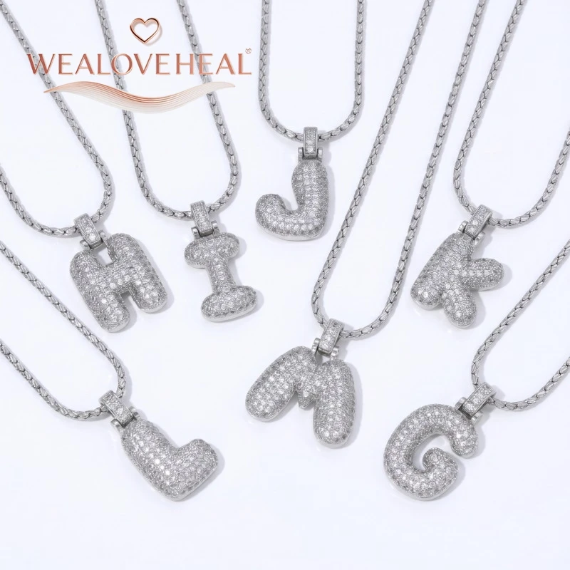 Rhodium-Plattierte A-Z Bubble Initial-Halskette, Puff-Ballon-Buchstaben-Anhänger-Halsketten mit Zirkonia, Hip-Hop-Schmuck-Geschenk für Frauen und Männer – Detail 17
