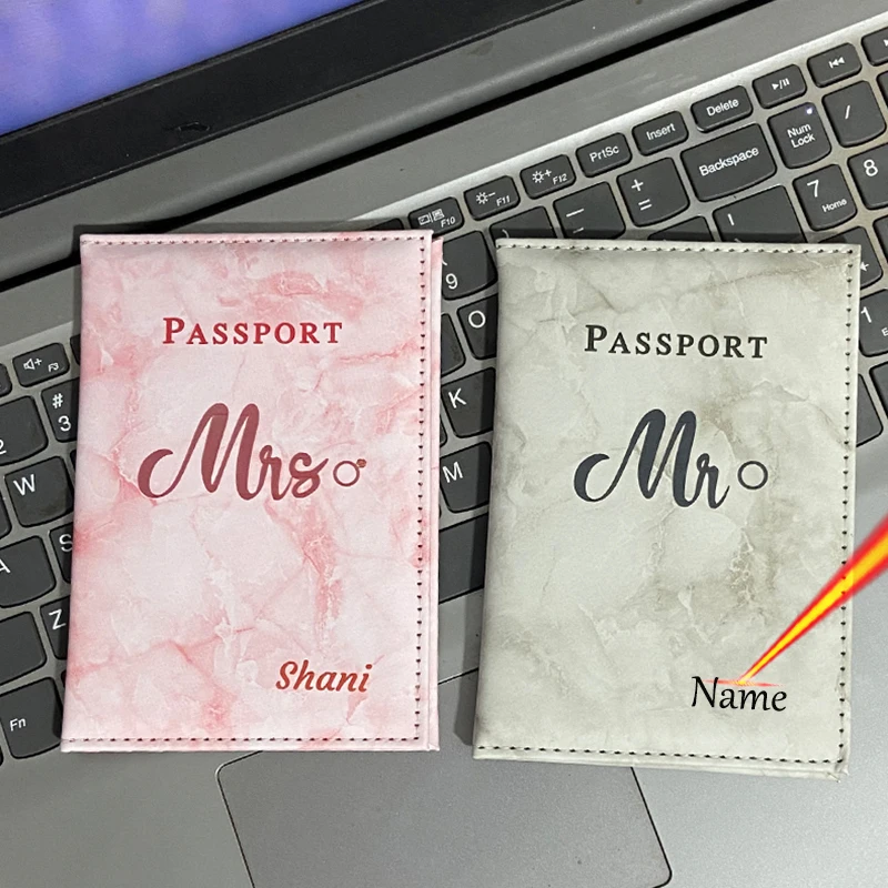 Mr / Mrs Passport Holder Laser Engraving Name Travel Wallet Marble Patten Case for Passports Passport Cover with Personal Names