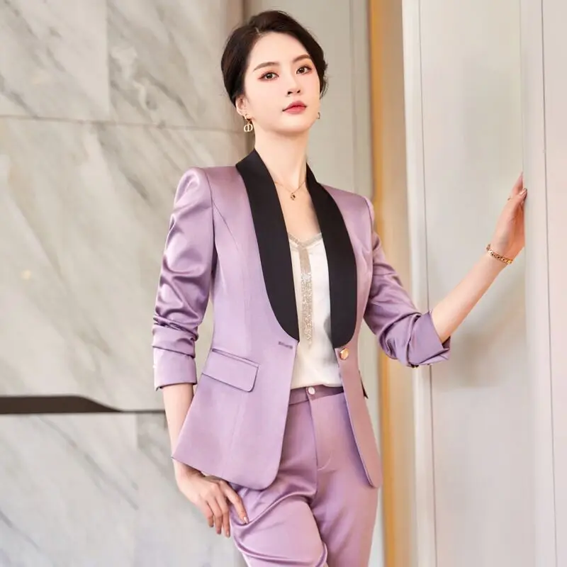 Designer Splicing Women Senior Luxurious Blazer Suit Pants Set Soft Satin Silk Office Lady Graceful Coat Big Size Elegant Jacket