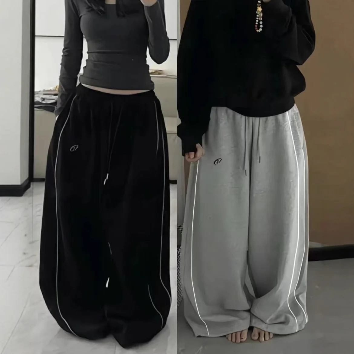 Pantalones informales deportivos holgados para mujer, pantalón de pierna ancha versátil, estilo Retro americano, doble varilla, básico, Jazz, baile callejero, Otoño e Invierno