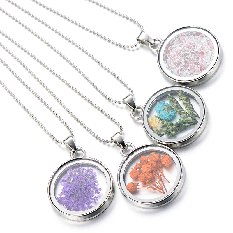 1Pcs Round Metal Frame Acrylic Preserved Fresh Hibiscus Flower Charms Dried Petal Resin Plant Pendant Alloy Chain Necklace
