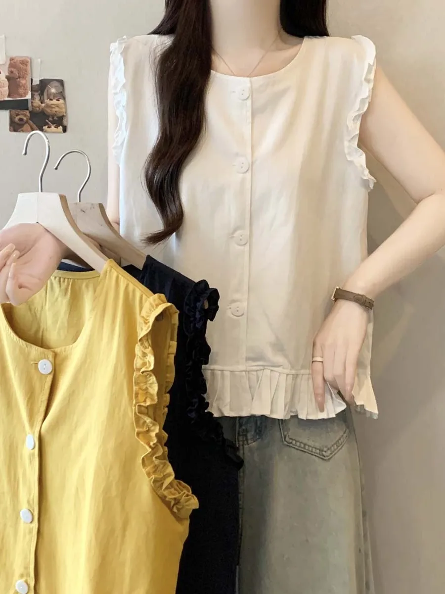 

plus Size Women's Summer Slimming Versatile Floral Trim Splice Vest Shirt Chic Ageless Korean Style round Neck Single Button