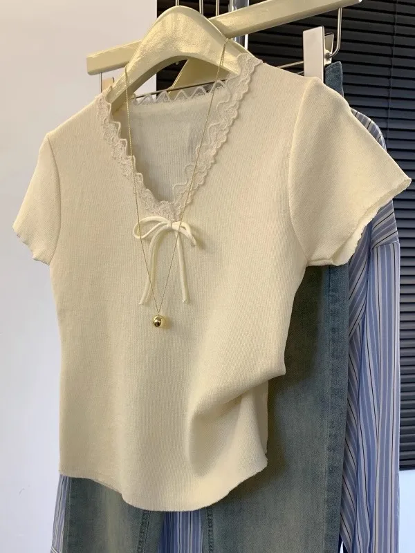 فضفاض الدانتيل تقليم مربوط ort Sve تي شيرت المرأة الصيف Faion العمر-Defng V-Ne الأعلى الكورية Sle لباس غير رسمي