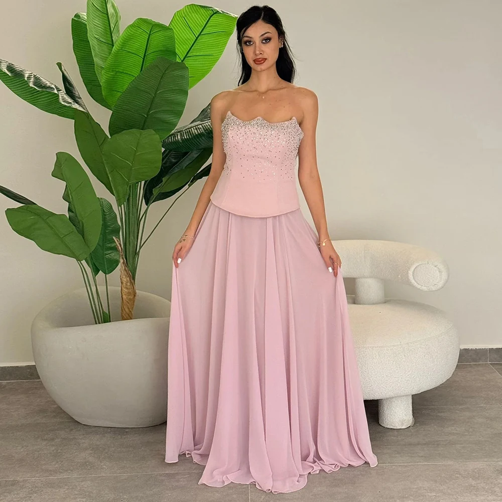 

Classic Light Pink Chiffon Evening Dress Saudi Strapless Beading Special Occasion Gowns A-Line Wedding Party Dress Customized