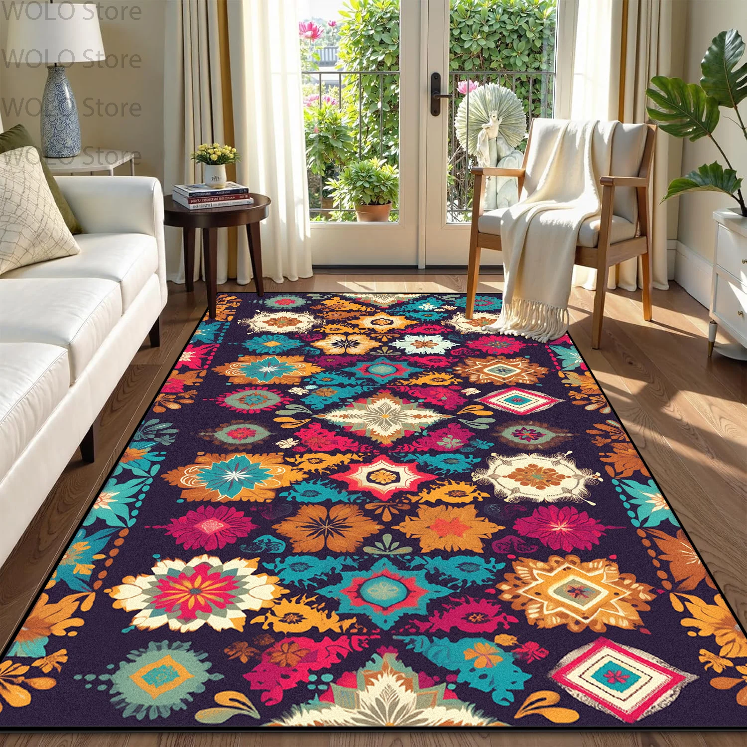 Boho Retro Geometric Living Room Carpet Splice Floral Decoration Home Non-slip Short Velvet Rug Bedroom Lounge Aesthetic Mats