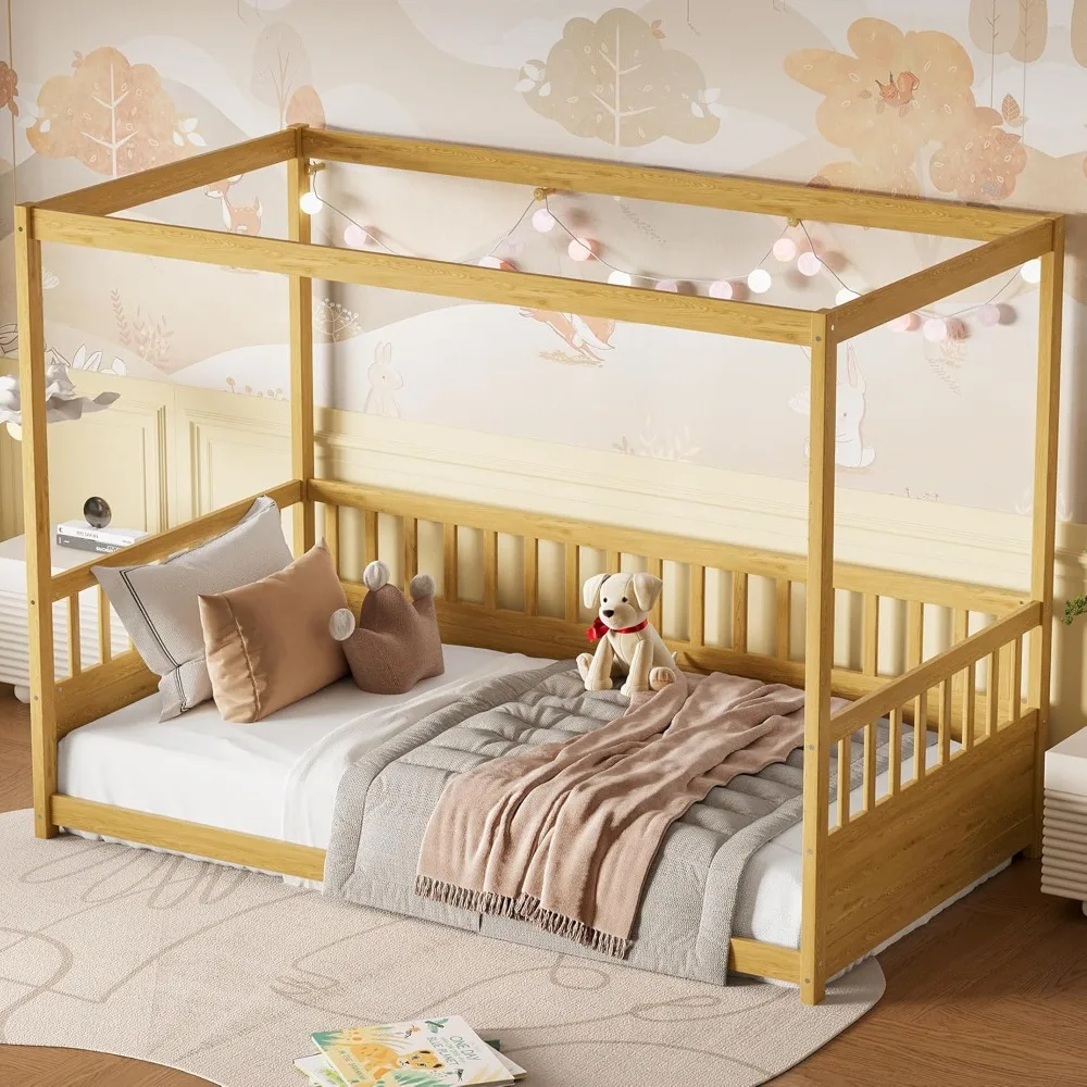 إطار سرير بمظلة مزدوج الحجم من Bellemave مع 4 ملصقات ودرابزين حماية، سرير أرضية مونتيسوري بحجم مزدوج مع سياج مرتفع، سهل التجميع #1