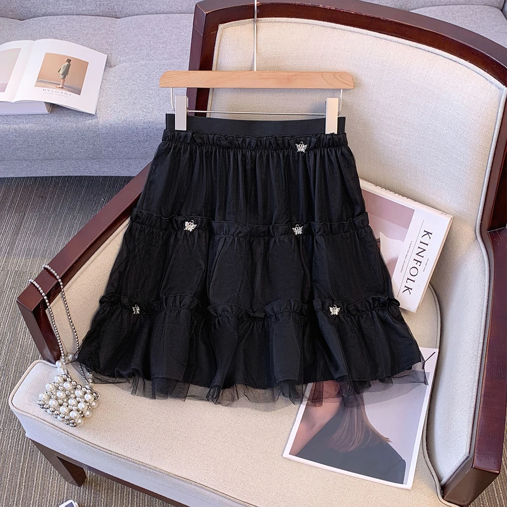 Plus size women\'s summer casual skirt Black polyester layered cake skirt mesh + lining, butterfly applique party dress loose