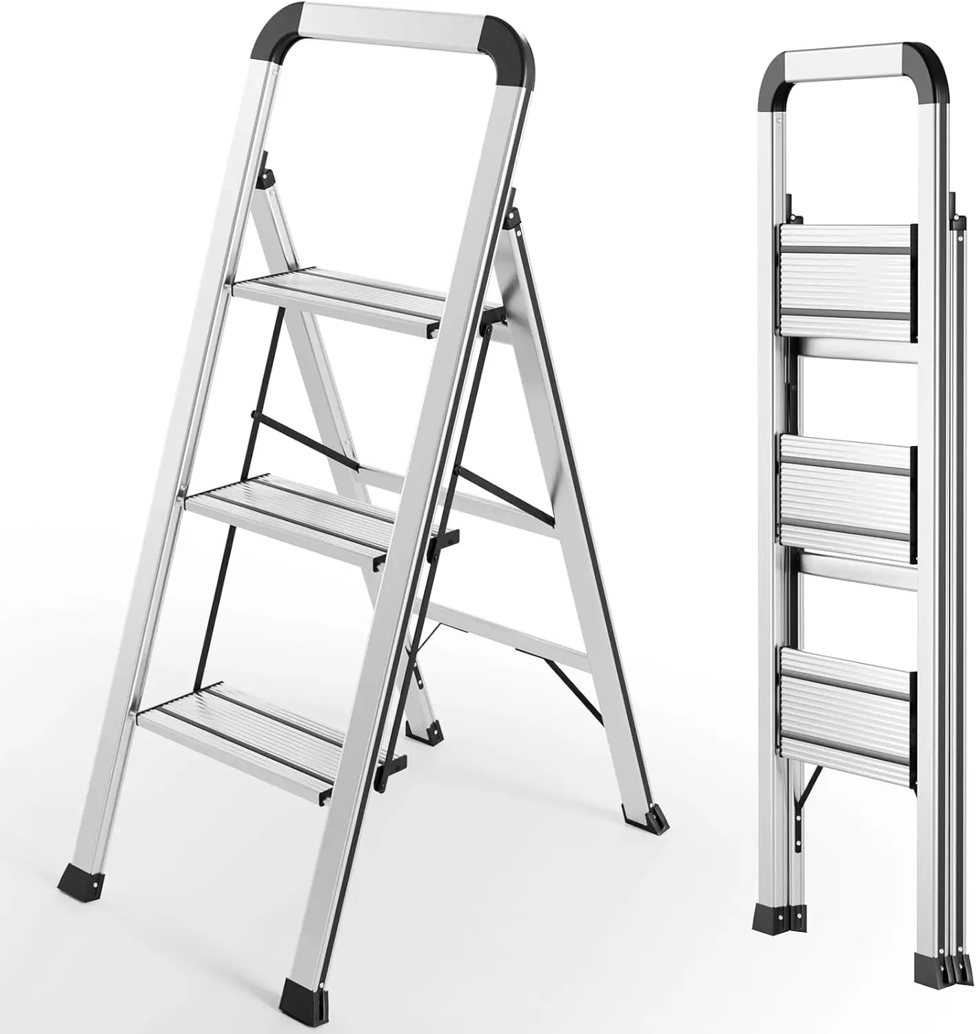 Aluminium-Stufenleiter mit Handlauf, 3-Stufen Klappleiter Rostfrei, Rutschfest, Leichtgewichtig |   Haushaltsleiter, Multifunktional
