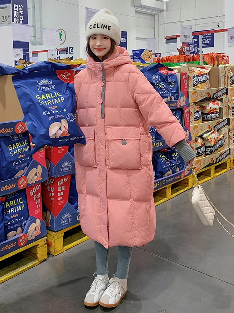 เสื้อแจ็คเก็ตขนเป็ดสำหรับผู้หญิงแบบมีฮู้ดสำหรับฤดูหนาว  แบบหนา  ซิป  ให้ความอบอุ่น  ยาวถึงเข่า  สีขาว  มีกระเป๋าใหญ่  แบบพาร์กา  เสื้อคลุมกันหนาว