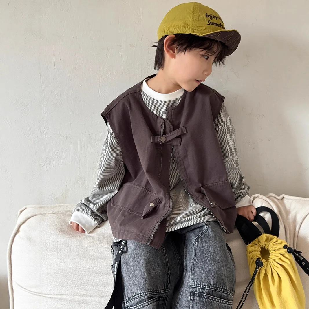 سترة جديدة للأولاد والبنات لربيع وخريف 2025 على الموضة الكورية ملابس خارجية غير رسمية يومية تناسب الجميع بلون سادة بدون أكمام #3