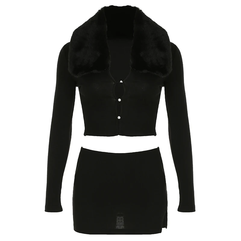 BIIKPIIK Sexy Fur Collar Wrap Hip Skirts Sets Clubwear Hollow Out Crop Top + Vent Skinny Mini Skirt Autumn Winter Two Piece Suit