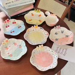 Creative Ceramic Plate Korean Style Ins Sweet Floral Shape Porcelain Household Dinnerware Breakfast Fruit Yogurt Oats Bowls