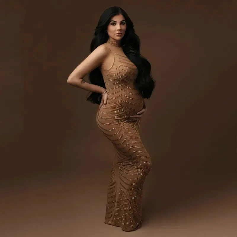 Umstandsfotografie-Kleid Sexy Ärmelloses Strass-Fotoshooting-Kleid für Babyparty Schwangerschaft Neckholder Dehnbares Bodycon-Kleid