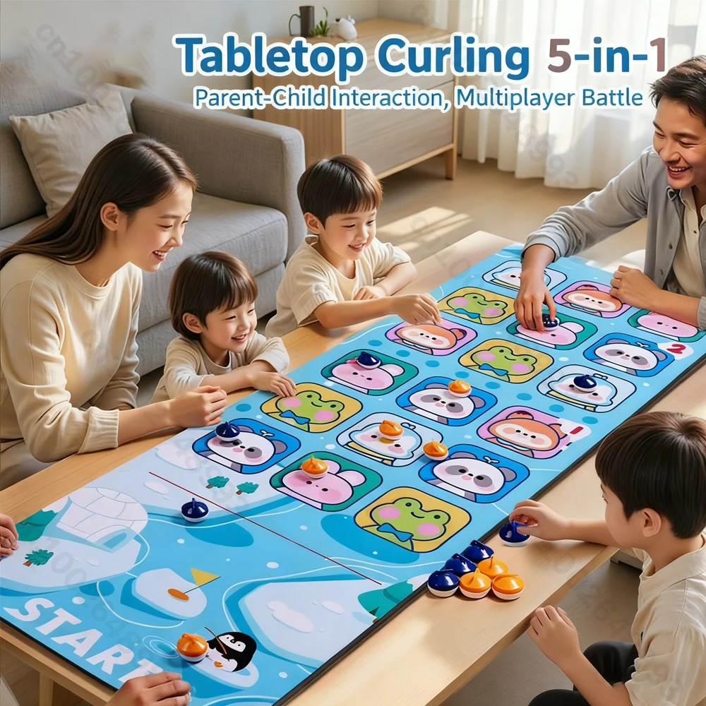Tabletop Curling Game 5 IN 1 Family Fun Ice Hockey Board Games for Kids & Adults with Rollers Shuffleboard Puck Game Mat Xmas
