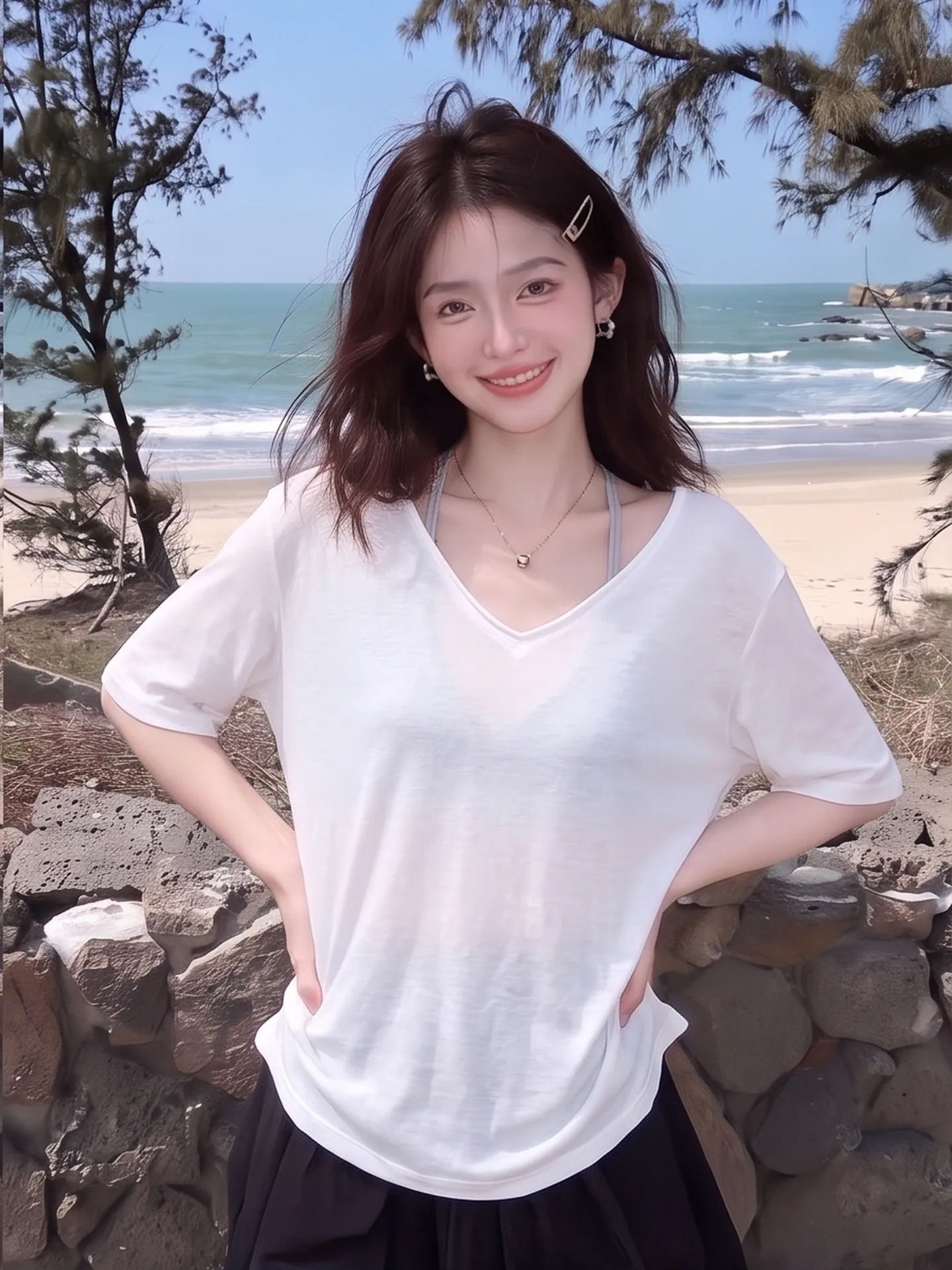 Laid-back Loose Fit White V-neck Short Sleeve T-shirt Women's Summer Thin Casual Top Versatile Simple Style Breathable Skin-f...