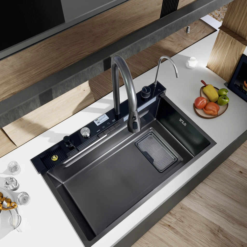 Whale-shaped Volcano Textured Stainless Steel Handcrafted Kitchen Sink with Built-in Debris Collection Function