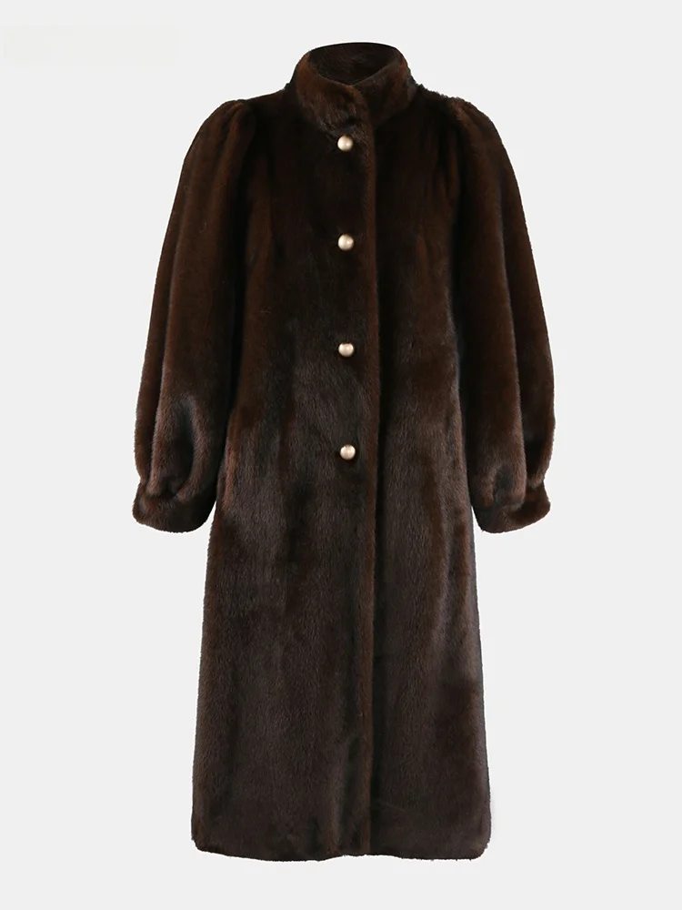 Nerazzurri Brown  Fur Coat Women's Long Bubble Sleeve Stand Collar Elegance Mom Eco-friendly Fur Jacket OL Style Standard Fit