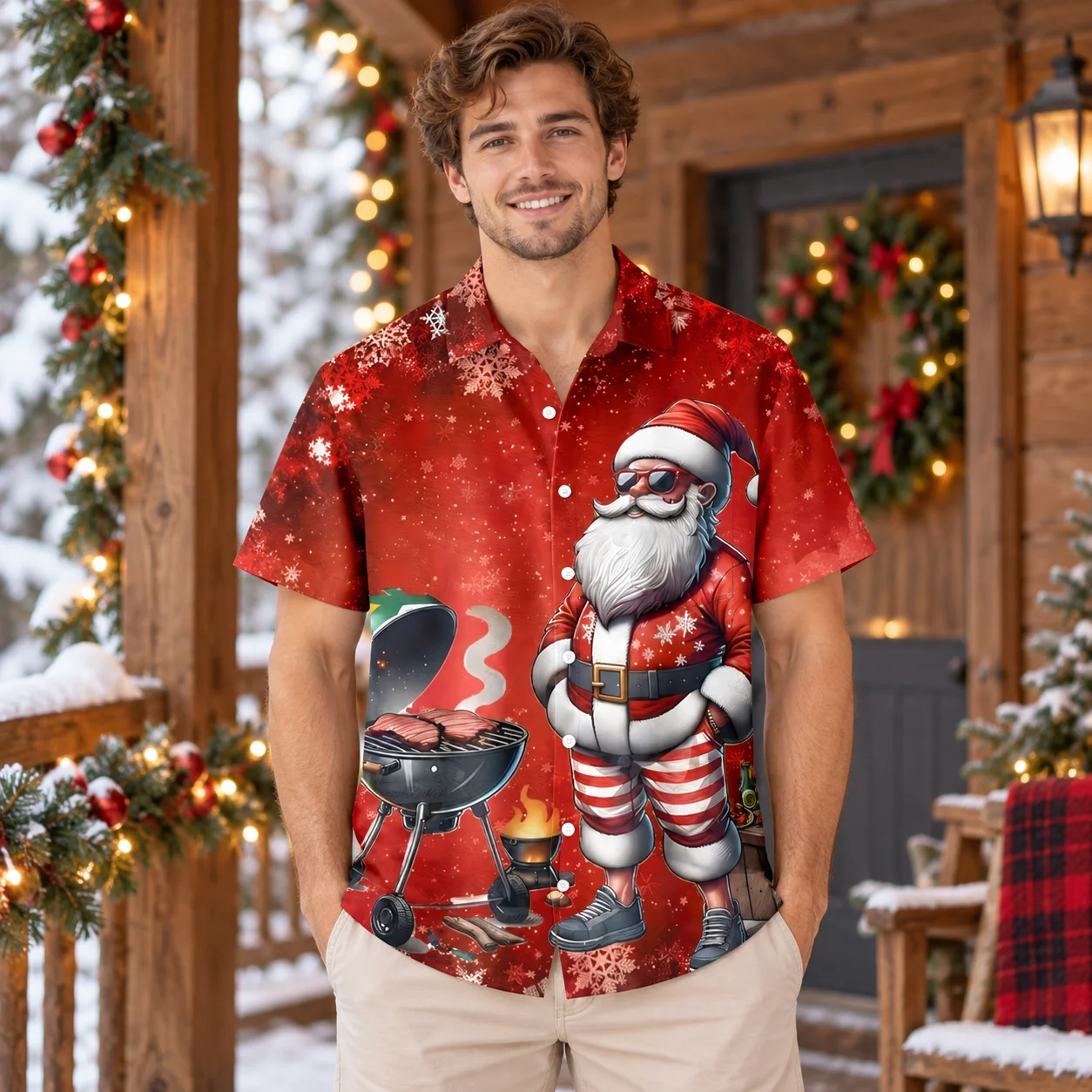 Blouses Barbecue Santa Hawaiian Shirt Christmas Grills and Snowflakes Print Short Sleeve Mens Shirts for Festive Holiday Parties