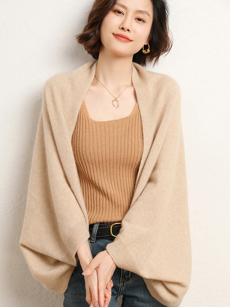 New Women Cashmere Sweater Shawl Wrap 100% Merino Wool Knitted Cardigan Autumn Winter Casual Knitwear Batwing Sleeve Cape Coat