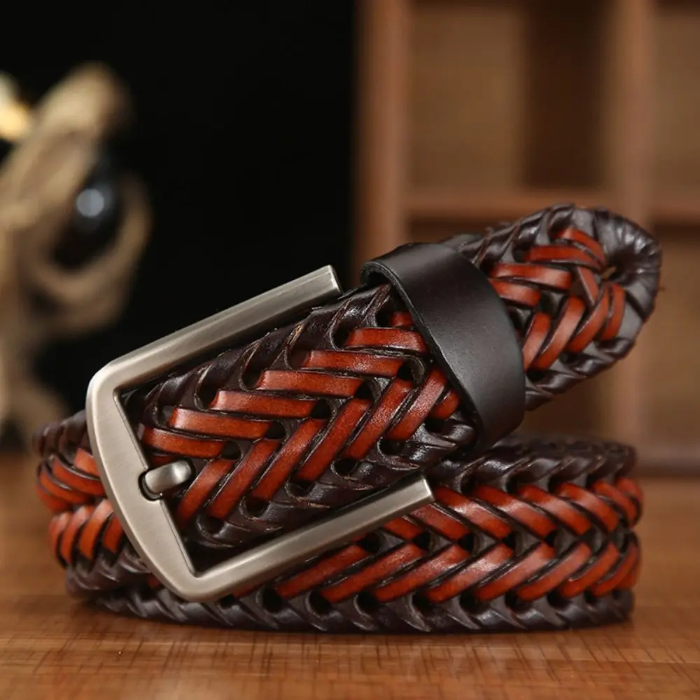 Fashion Alloy Men Weave Belt Retro Wide Male Genuine Leather Belt Black Brown Jeans Waistband Ornament
