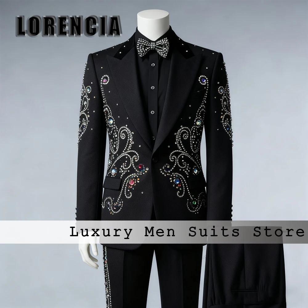 

Elegant Jewelry Suits for Men 2 Pcs Crystal Tuxedos Set Evening Party Outfits Male Prom Customized Blazer Pants fatos de homem