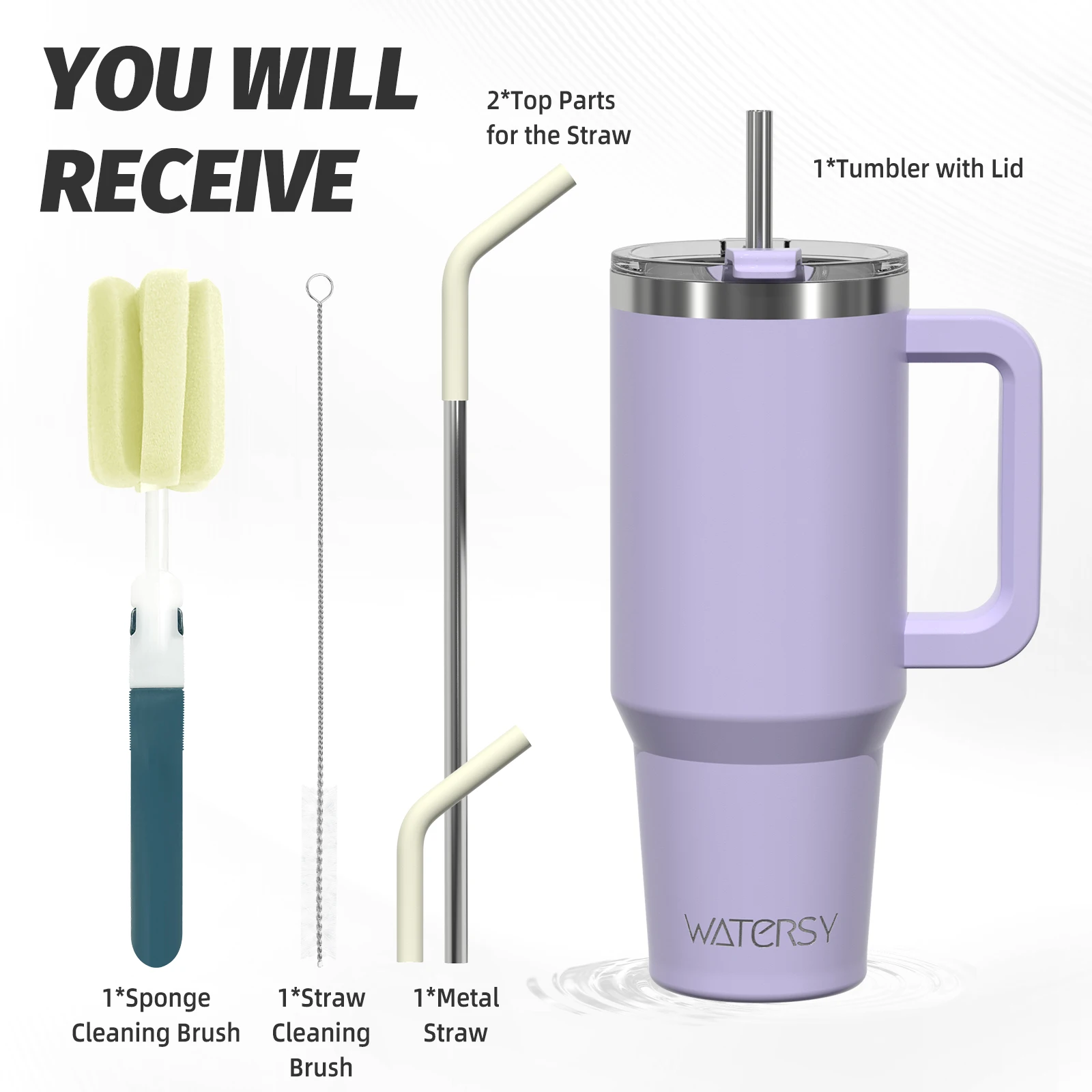 WATERSY 20 oz/30 oz/40 oz beker met handvat en rietje geïsoleerde beker met grote capaciteit, 304 roestvrijstalen vacuümthermische mok