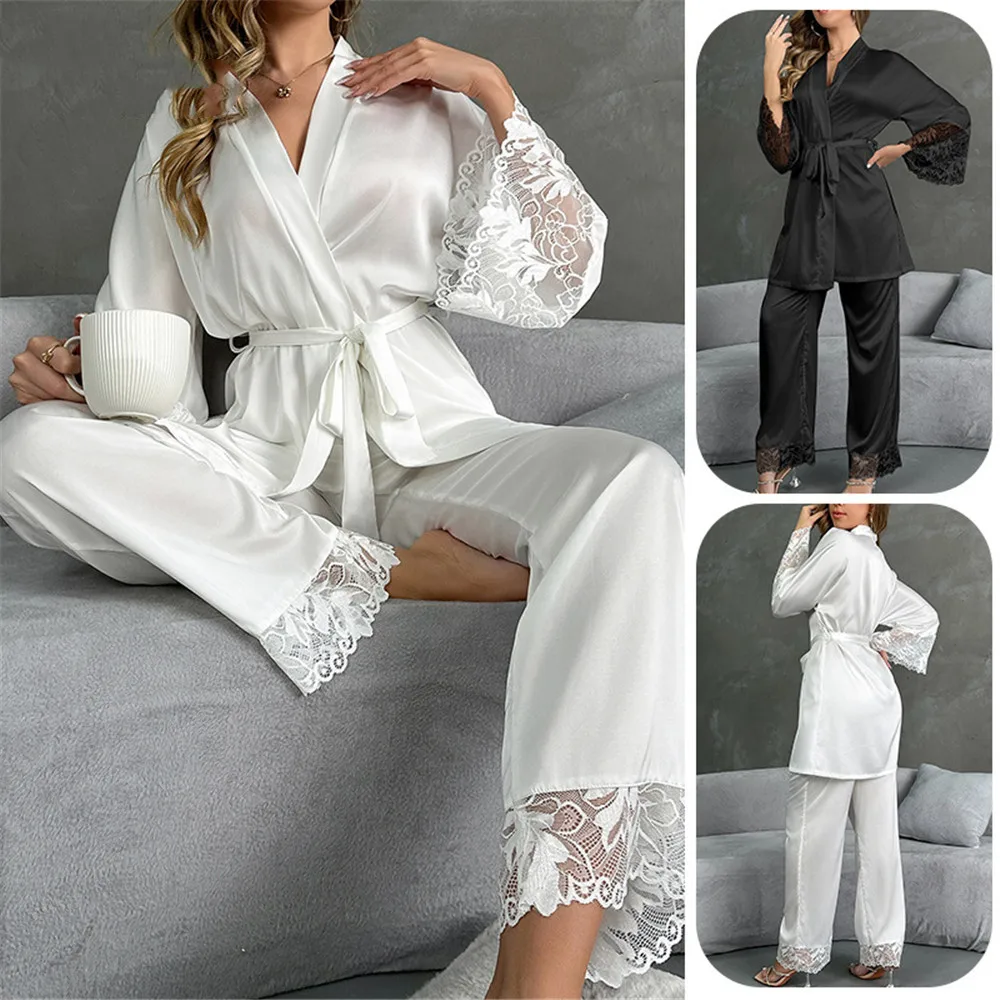 

Роскошный пижамный комплект с кружевной отделкой, женская одежда для сна, домашняя одежда, халат, брючные костюмы, пижама, шелковая атласная одежда для отдыха